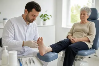 Podologue examinant avec attention le pied d’une femme âgée assise dans un cabinet médical lumineux et accueillant.