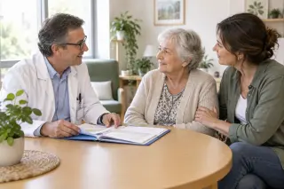 Médecin coordonnateur en discussion avec une résidente âgée et sa fille dans une pièce lumineuse et conviviale d’un EHPAD, ambiance bienveillante autour d’un dossier médical.