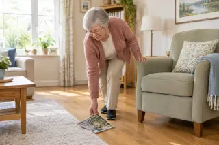 Senior woman in a tidy, sunlit living room wearing supportive shoes, picking up a magazine from the floor next to an armchair, with a flat rug and clear, safe pathways.
